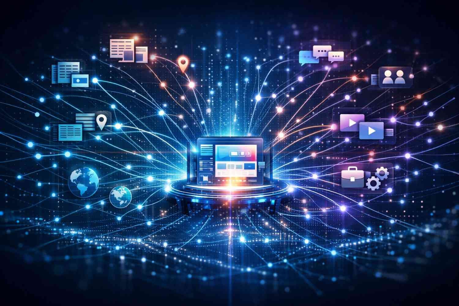 A glowing central computer screen sits on a circular platform with radiant data lines spreading outward, connecting to floating icons for documents, maps, chat messages, videos, users, tools, and globes, symbolizing a digital content hub, data distribution, and networked online marketing ecosystem.