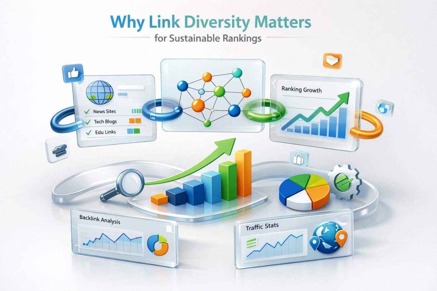 An illustrated SEO infographic titled “Why Link Diversity Matters for Sustainable Rankings,” showing interconnected sources like news sites, tech blogs, and edu links feeding a network graph, with rising bar charts, ranking growth arrows, backlink analysis panels, traffic stats, and colorful data visualizations.