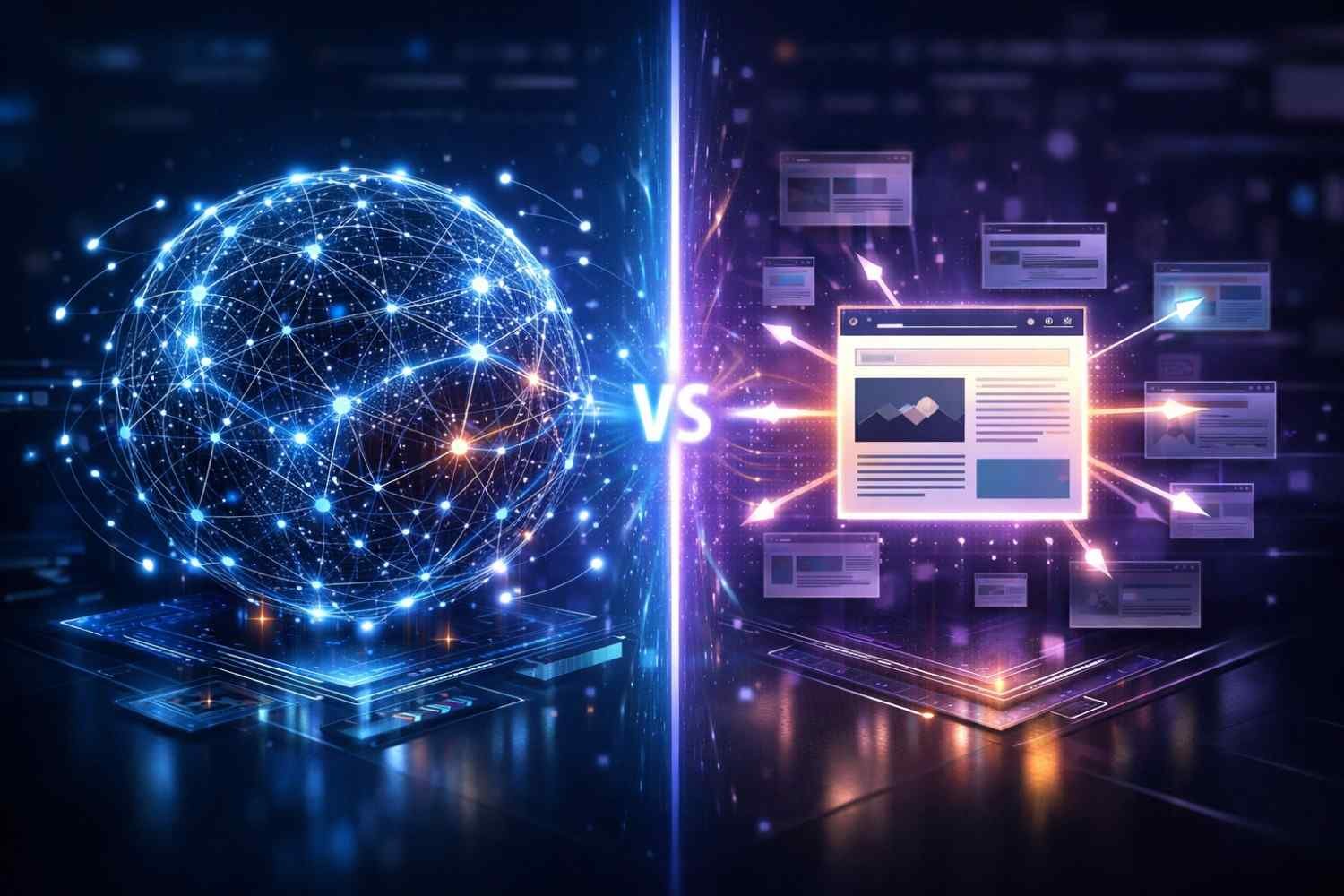 A split-screen futuristic graphic shows a glowing interconnected digital globe on the left versus a single webpage interface on the right, separated by a bright “VS” beam, symbolizing network-wide SEO authority compared to individual site pages and content distribution.