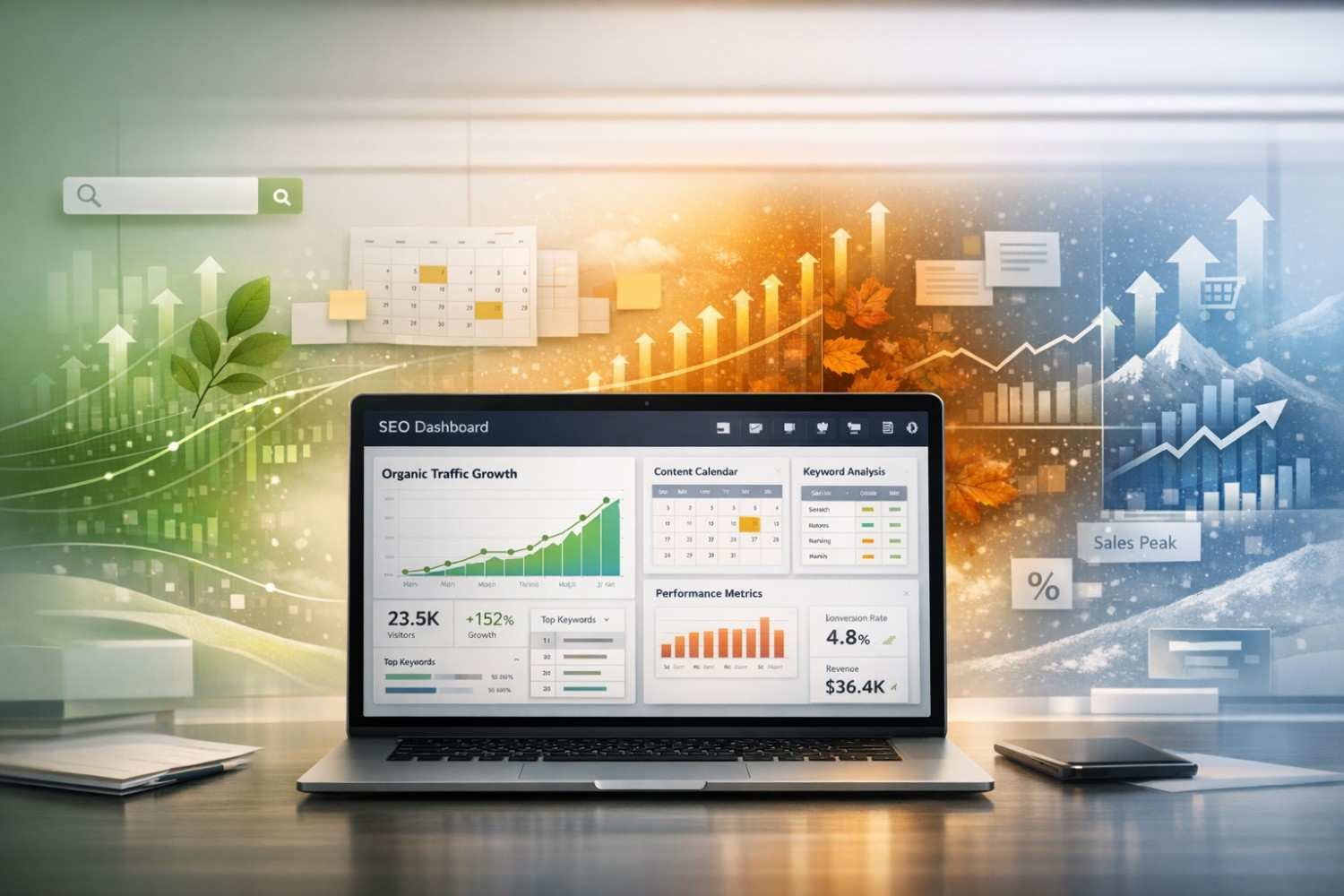 Laptop on a desk displaying an SEO dashboard with organic traffic growth, keyword analysis, content calendar, and performance metrics, set against a glowing background of upward charts, seasonal visuals, arrows, and icons symbolizing digital marketing success, sales growth, and data-driven business optimization.