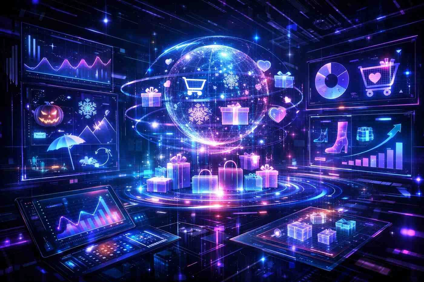 Futuristic holographic shopping dashboard with a glowing digital globe, orbiting gift boxes, hearts, and shopping cart icons. Neon charts, graphs, and retail symbols float on transparent screens, showing e-commerce trends, seasonal sales, and data analytics in a cyber-tech environment.