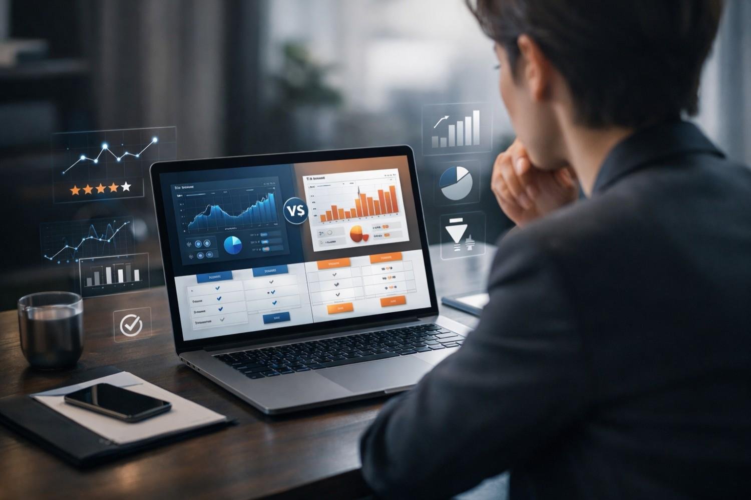 Business professional analyzing a laptop dashboard comparing two data sets with charts, graphs, ratings, and performance metrics. Floating holographic analytics icons surround the screen, showing growth trends, pie charts, and filters in a modern office workspace with phone and coffee nearby.