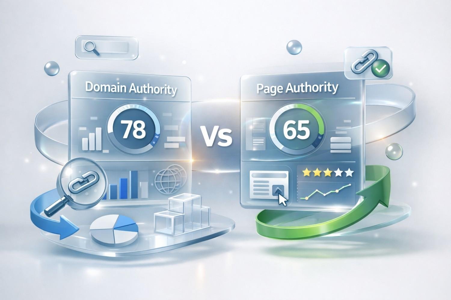 A clean comparison graphic shows “Domain Authority” scored 78 on the left and “Page Authority” scored 65 on the right, separated by “VS,” with charts, link icons, star ratings, arrows, and analytics visuals illustrating SEO performance metrics and ranking strength.