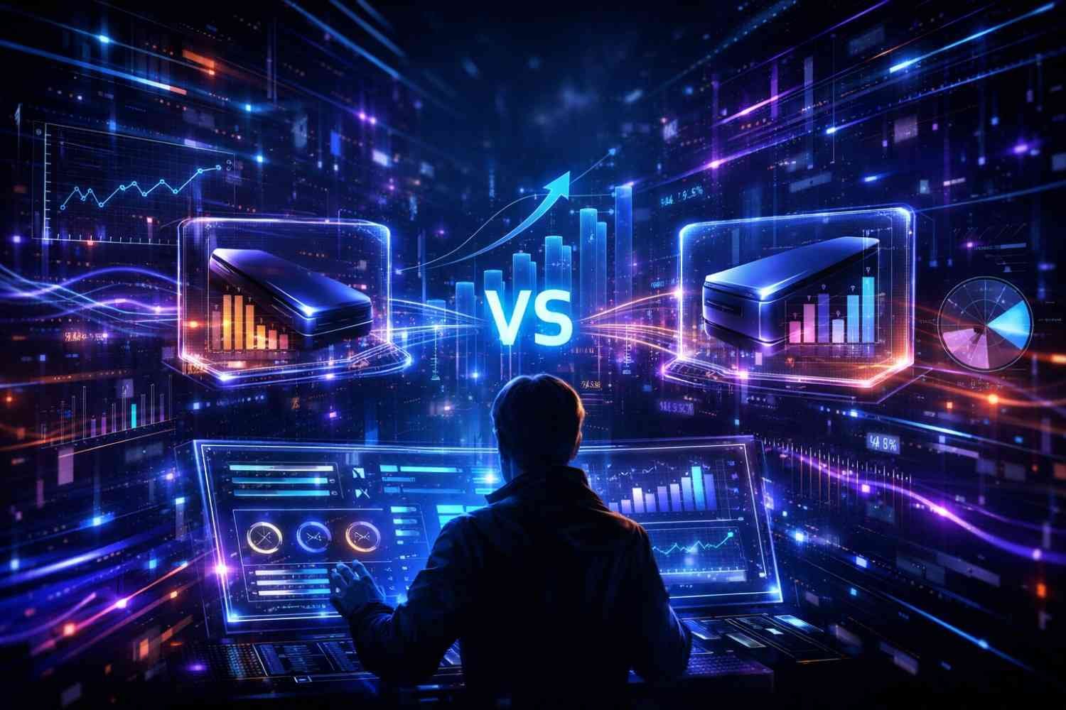 Person viewed from behind controlling a futuristic dashboard comparing two data platforms labeled “VS.” Holographic servers, glowing charts, rising graphs, and neon analytics surround the scene, showing performance metrics, growth arrows, and digital comparison in a cyber-tech environment.