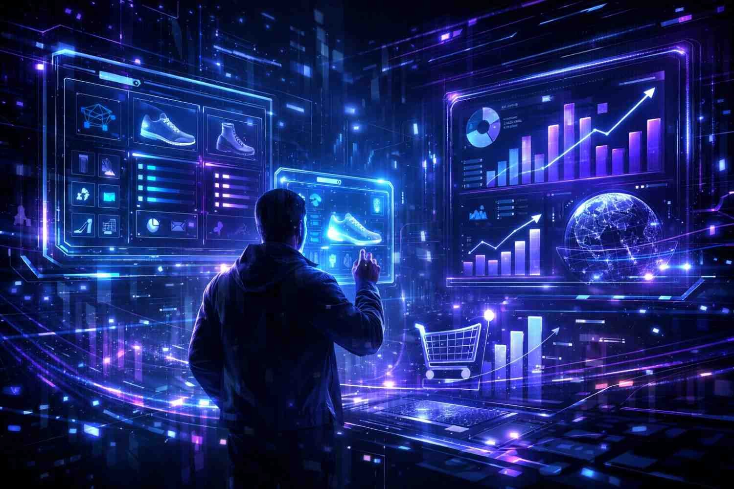 Person interacting with futuristic holographic retail screens showing product listings, shoe previews, shopping cart icon, global sales charts, and rising analytics graphs. Neon blue and purple data panels surround the figure, illustrating advanced e-commerce monitoring, digital marketing insights, and worldwide performance tracking.