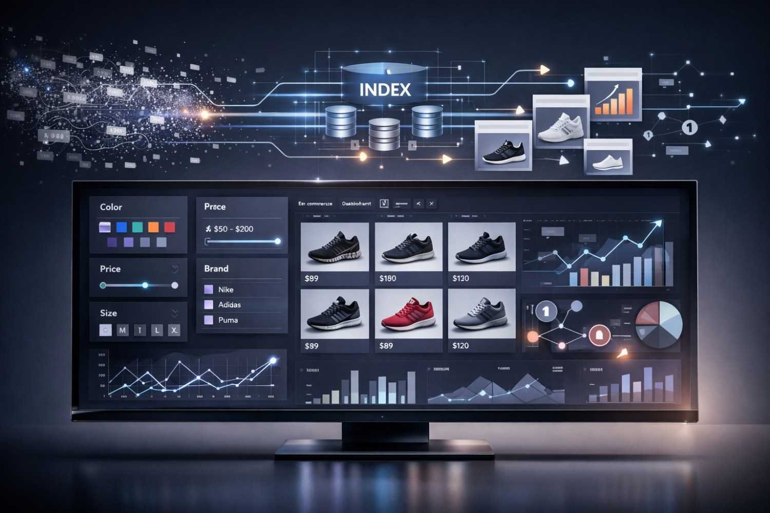Large widescreen monitor displays an e-commerce analytics dashboard with shoe products, filters for color, price, brand, and size, plus sales charts and graphs. Above it, a visual “index” data flow shows databases feeding ranked products and growth metrics for SEO optimization.