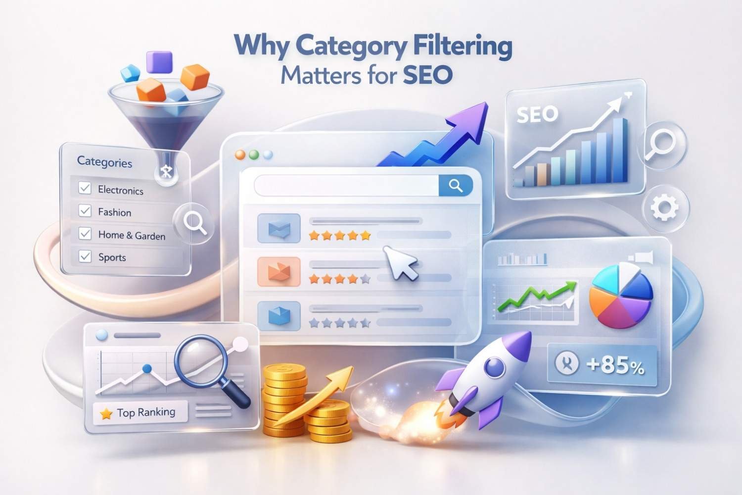 Illustration titled “Why Category Filtering Matters for SEO” showing product categories funneling into search results, star ratings, growth charts, coins, and a rocket. Transparent dashboards display SEO metrics, traffic increases, pie charts, and top rankings, symbolizing improved e-commerce visibility and performance.