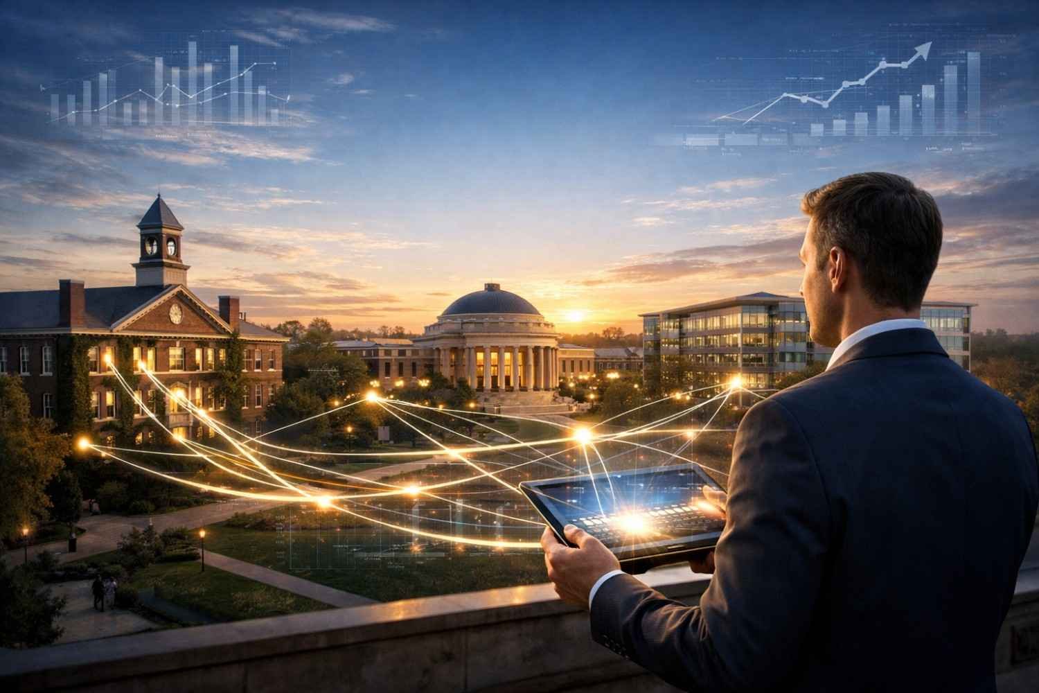 A business professional overlooks a university campus at sunset while holding a tablet, as glowing digital network lines and upward-trending charts stretch across buildings and pathways, representing SEO analytics, data connectivity, and search performance growth.