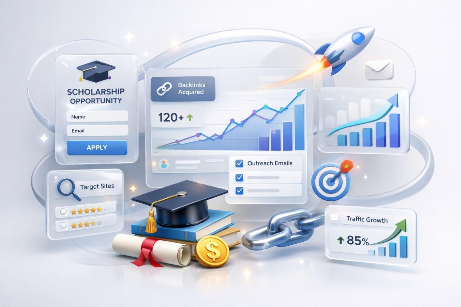 Illustration showing scholarship outreach SEO with dashboards for backlinks acquired, rising traffic, outreach emails, and target sites, plus a graduation cap, diploma, chain links, rocket launch, and growth charts symbolizing authority building and link-building success.
