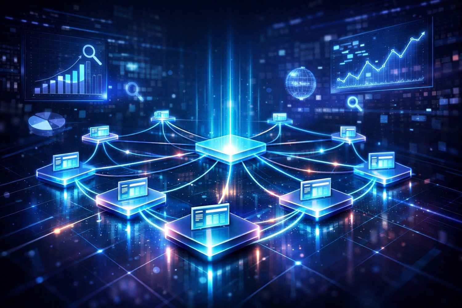 Glowing central data hub connected to multiple server-like platforms with streaming lines of light, surrounded by holographic charts, search icons, and rising graphs. Futuristic network visualization represents SEO architecture, distributed systems, data flow, analytics, and global digital performance monitoring.