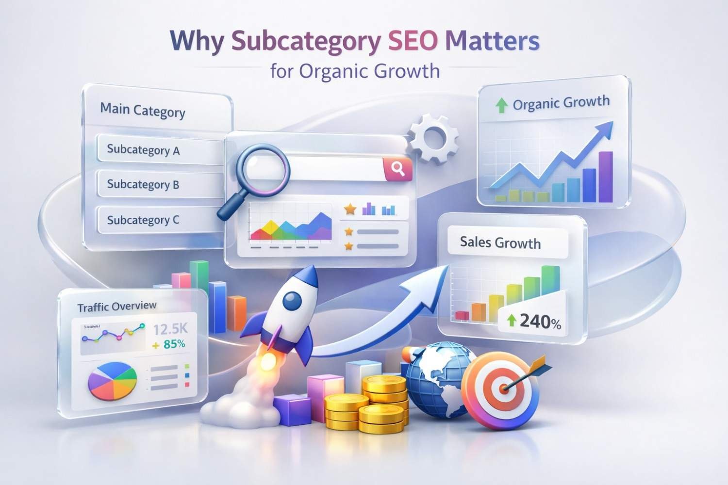 3D glassmorphism illustration titled “Why Subcategory SEO Matters for Organic Growth,” showing analytics dashboards, category lists, rising graphs, traffic charts, a rocket launch, coins, target icon, and upward arrows symbolizing SEO-driven business, sales, and organic growth.
