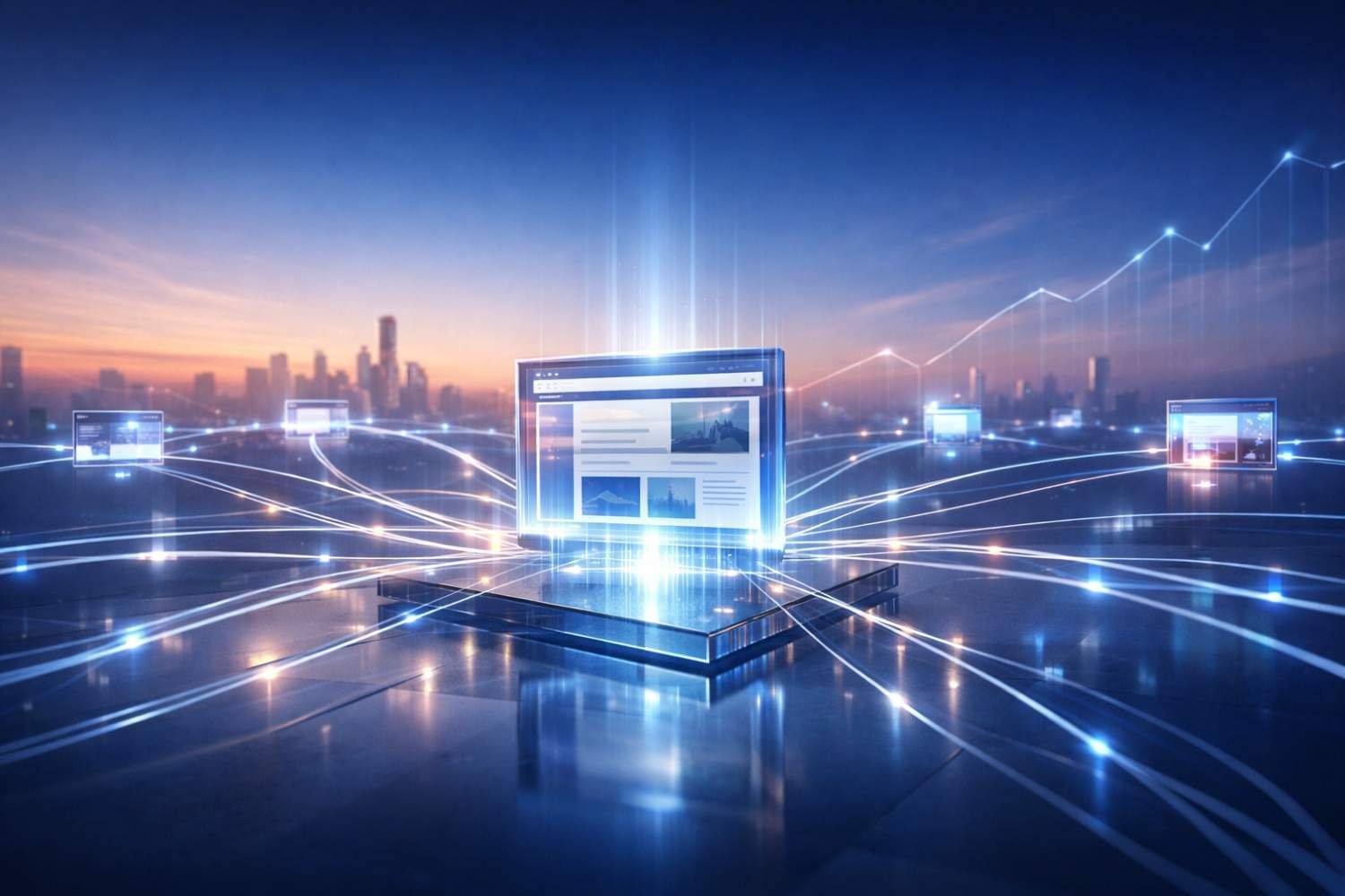 Futuristic city skyline at sunset with a glowing central web page interface on a platform, connected by bright data lines to multiple floating screens and an upward-trending graph in the background, symbolizing content distribution, digital networks, and SEO growth.