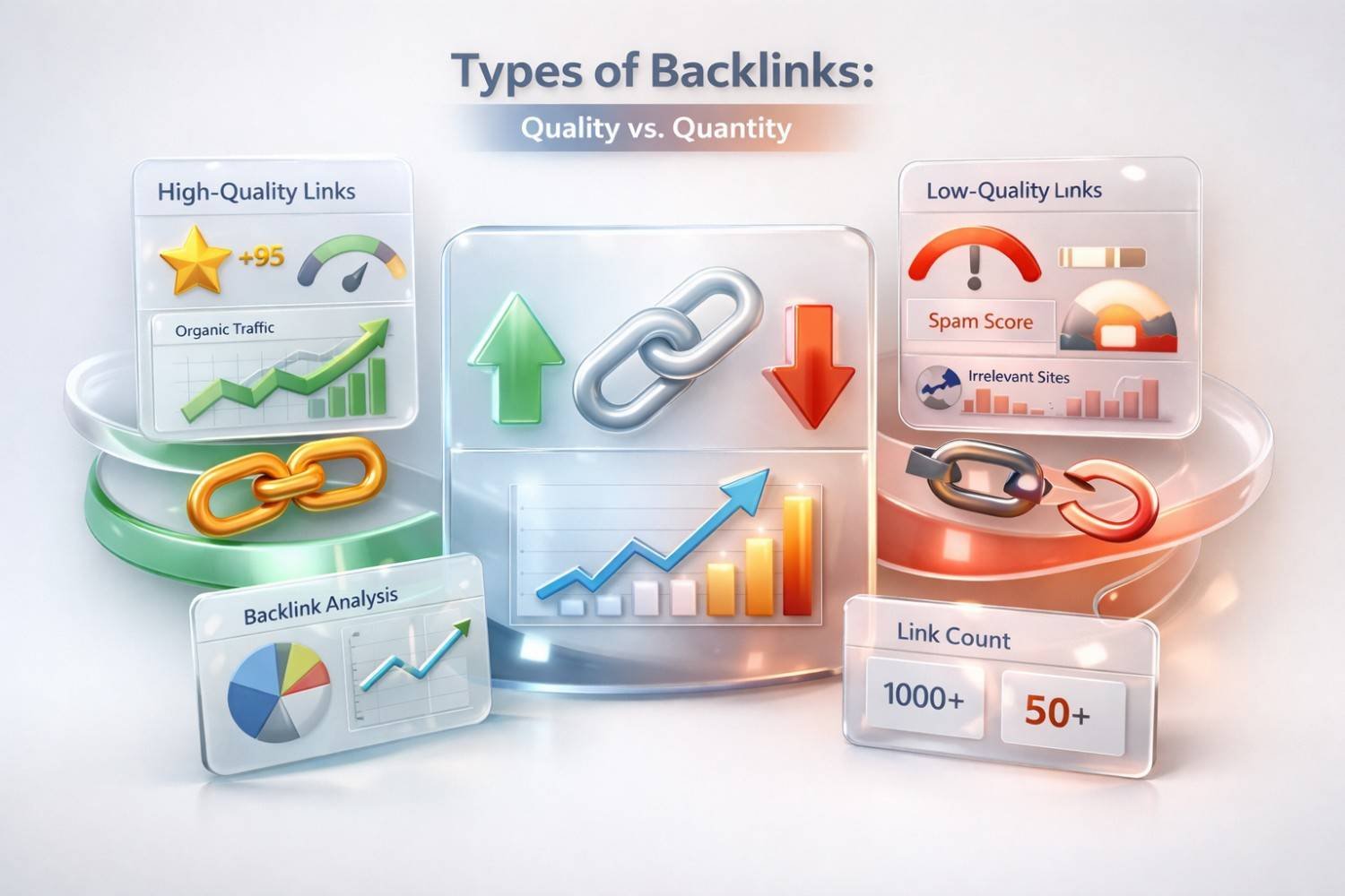 Illustration titled “Types of Backlinks: Quality vs. Quantity” comparing high-quality links with rising traffic and ratings to low-quality links showing spam scores, irrelevant sites, declining metrics, and contrasting chain icons with growth charts.