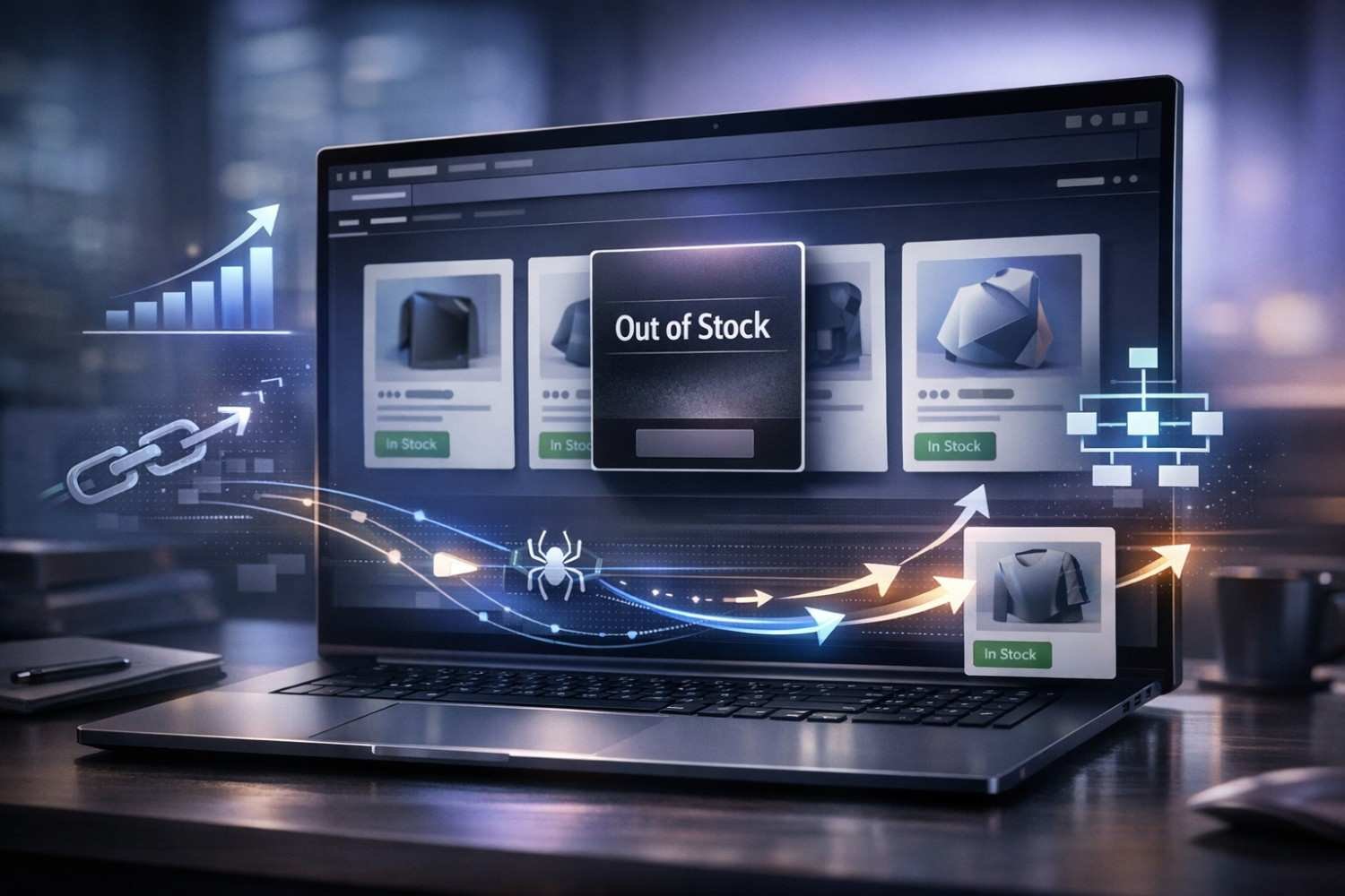 A laptop on a desk shows an ecommerce product grid with a central “Out of Stock” message, glowing arrows redirecting to in-stock items, backlink icons, a crawl spider graphic, and rising charts, illustrating SEO redirects, site structure, and product availability optimization.