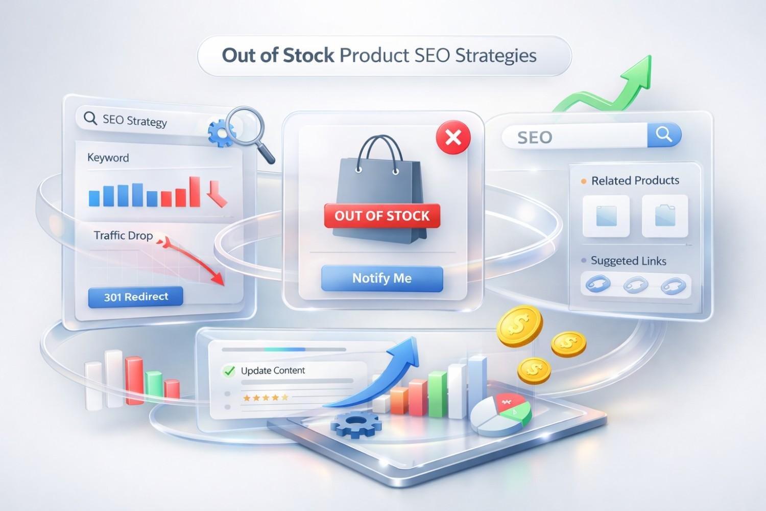 A clean 3D SEO graphic titled “Out of Stock Product SEO Strategies” showing an out-of-stock shopping bag with notify-me button, keyword and traffic-drop charts, 301 redirects, related products, suggested links, rising graphs, coins, and update-content panels symbolizing ecommerce optimization and recovery.