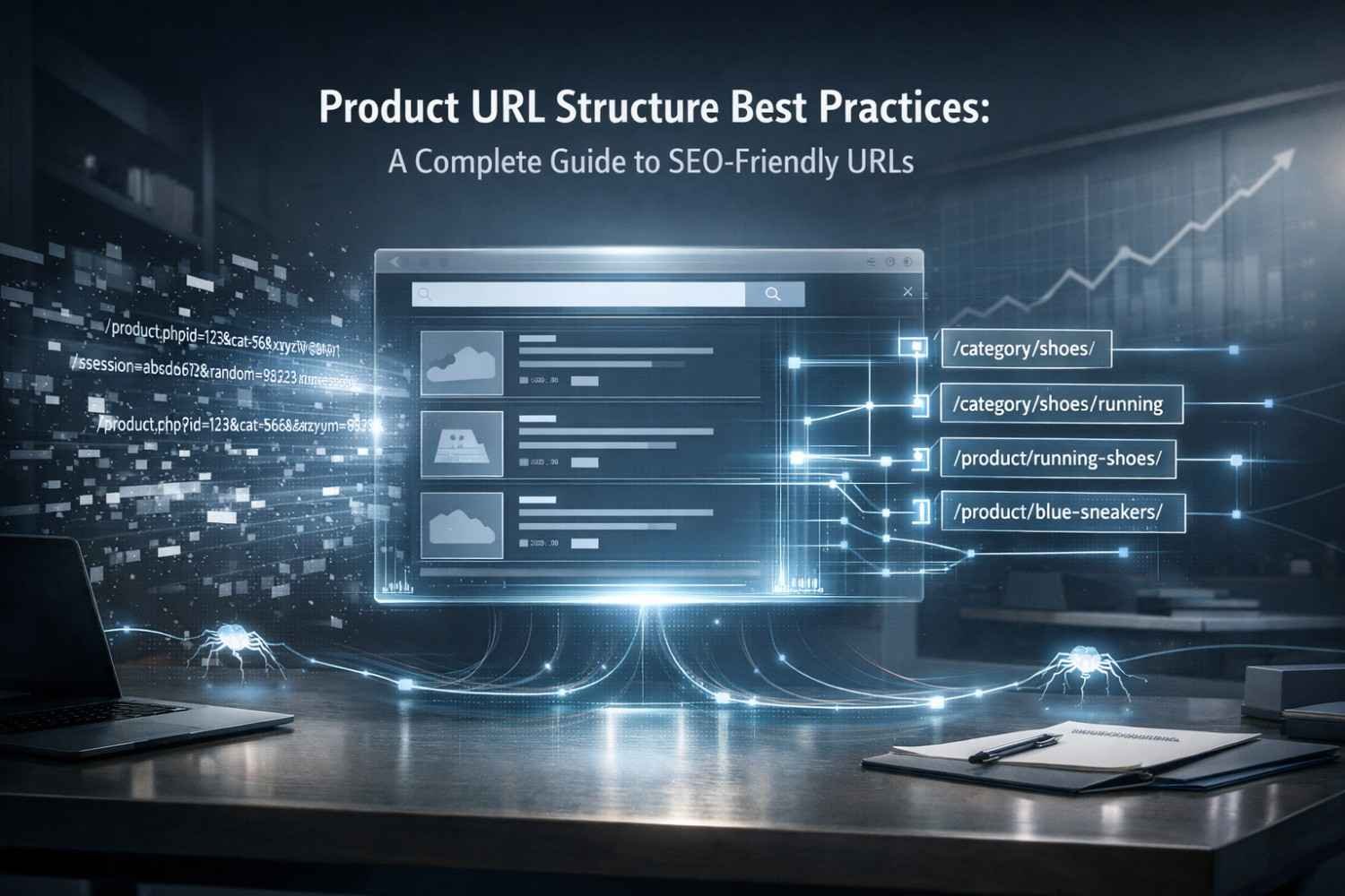 A futuristic SEO illustration titled “Product URL Structure Best Practices” shows a glowing browser window connected to clean category and product URLs, replacing messy parameters, with data streams, crawl spiders, and rising charts, symbolizing SEO-friendly ecommerce architecture and performance growth.