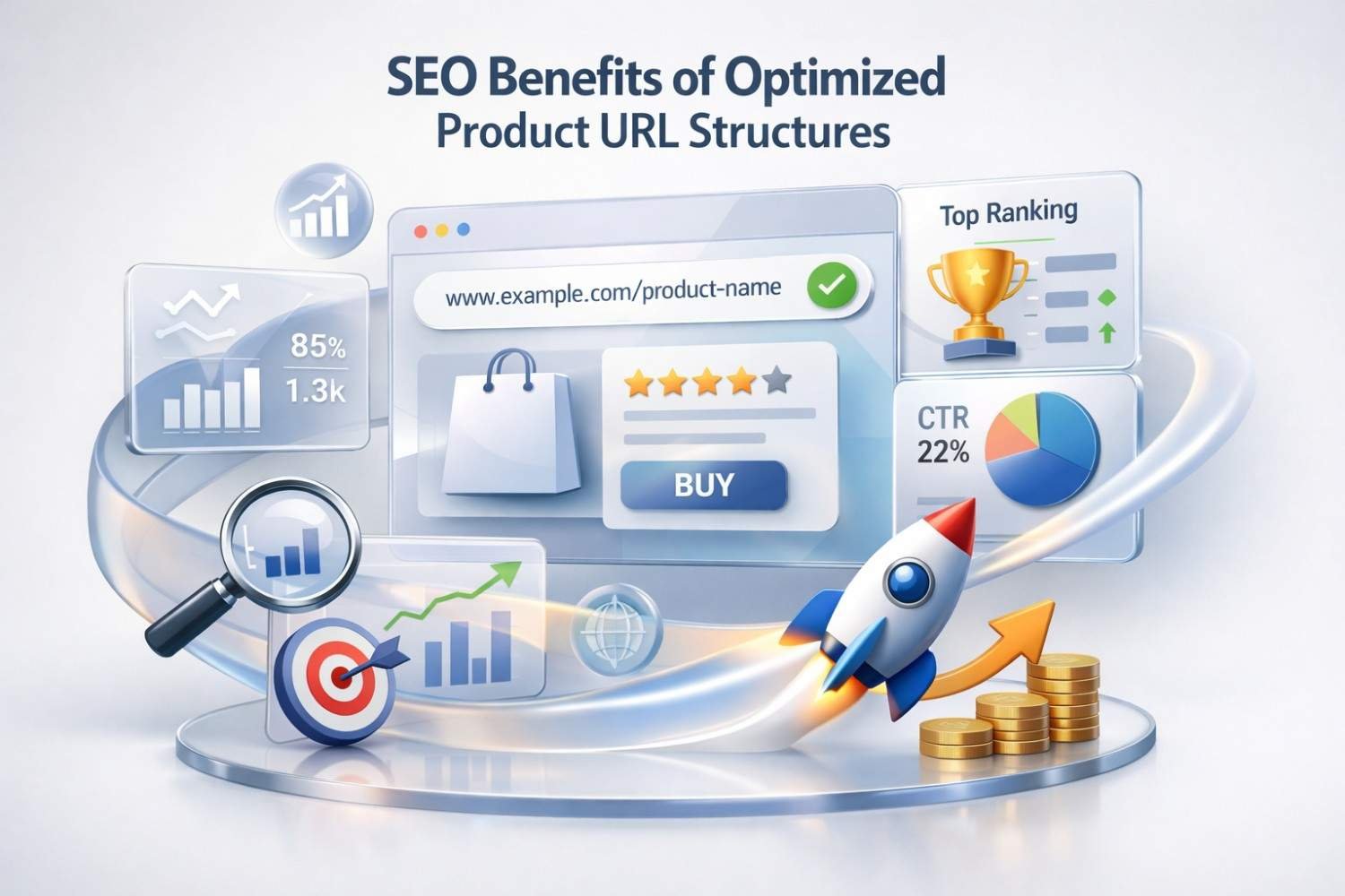 A 3D SEO illustration titled “SEO Benefits of Optimized Product URL Structures” shows a clean product URL, buy button, star ratings, charts, CTR pie graph, trophy, target icon, rocket, and coins, representing improved rankings, clicks, traffic growth, and ecommerce revenue