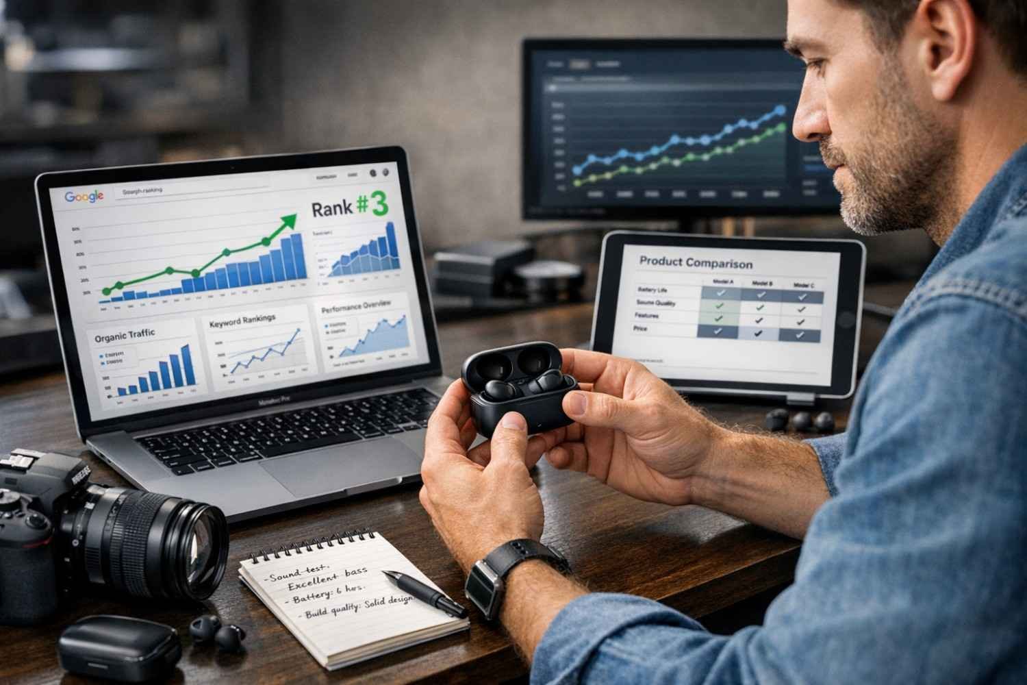 A reviewer examines wireless earbuds at a desk while a laptop shows rising Google rankings and Rank #3 charts, a tablet displays product comparisons, and notes list sound quality and battery life, illustrating hands-on testing, SEO performance tracking, and ecommerce review content creation.