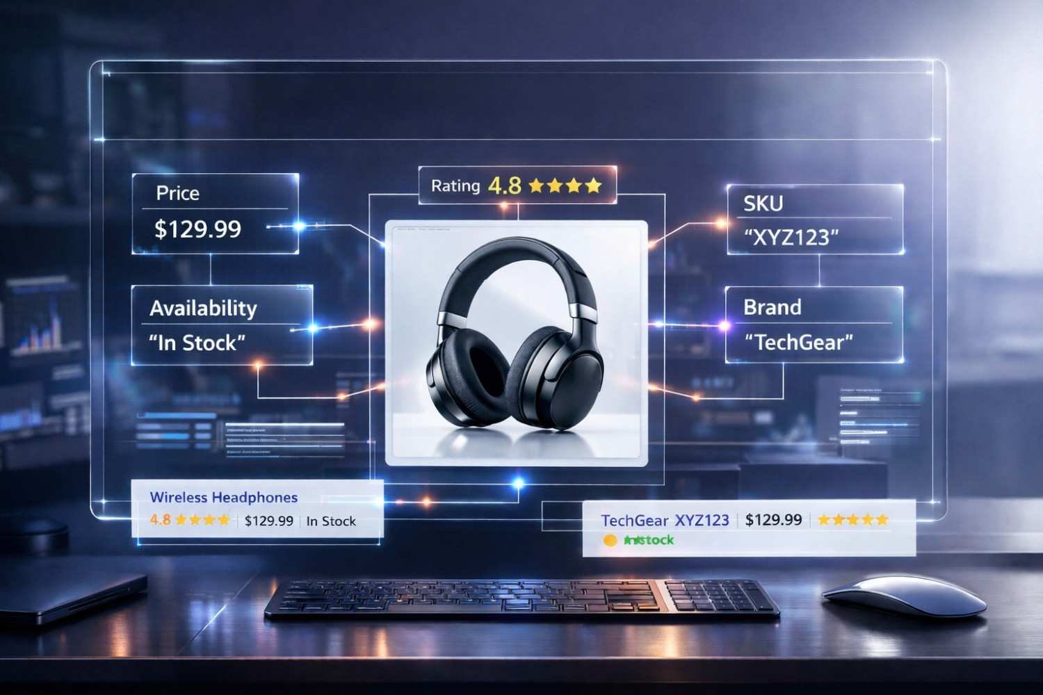 A futuristic product schema display shows wireless headphones with connected data fields for price, availability, rating, SKU, and brand, plus rich snippet previews below, illustrating structured ecommerce information, SEO optimization, and enhanced search result visibility.