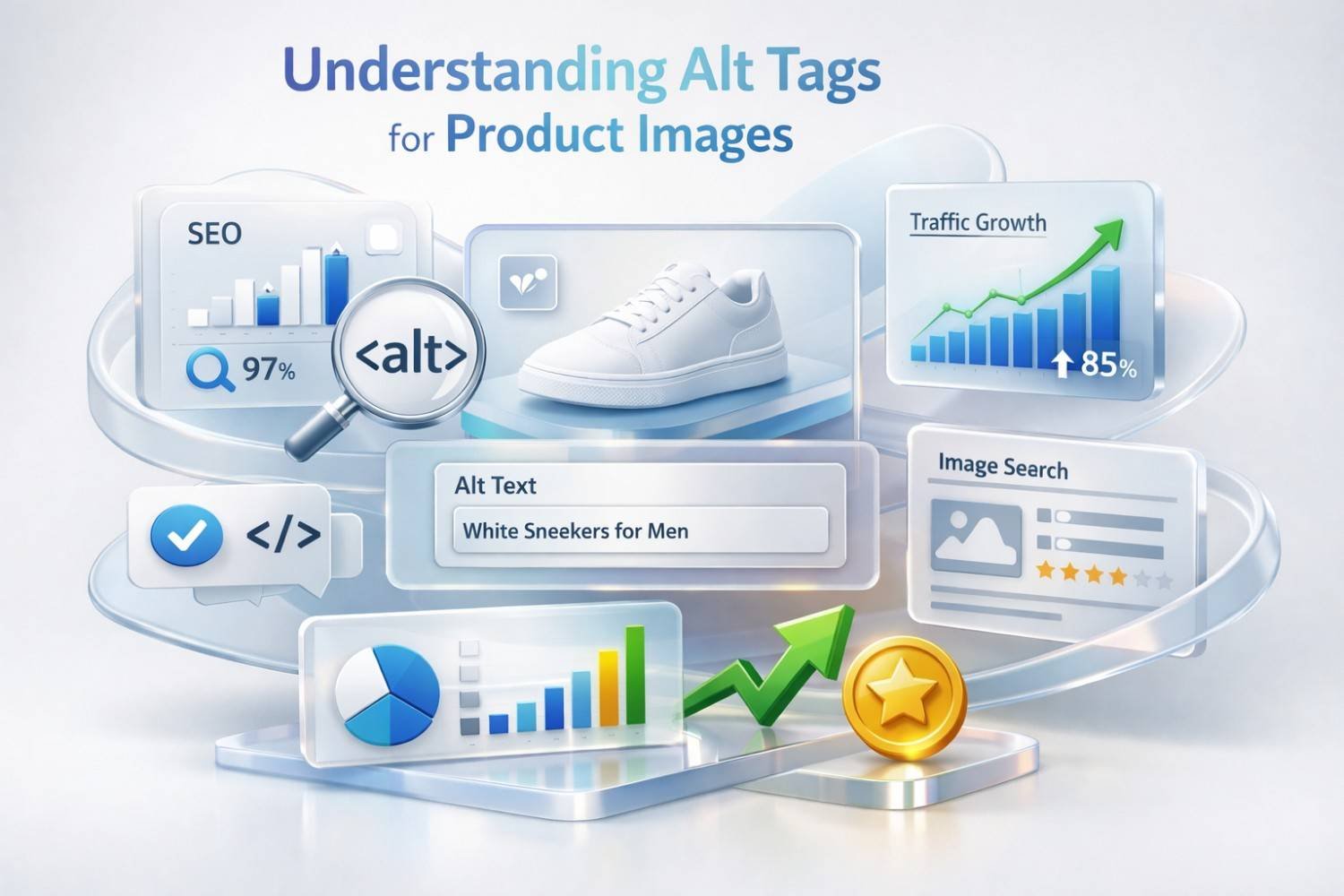 A 3D SEO illustration titled “Understanding Alt Tags for Product Images” shows a white sneaker, alt-text field, magnifying glass, traffic-growth charts, image search panel, code icons, and rising arrows, representing how descriptive alt tags improve accessibility, rankings, and ecommerce visibility.