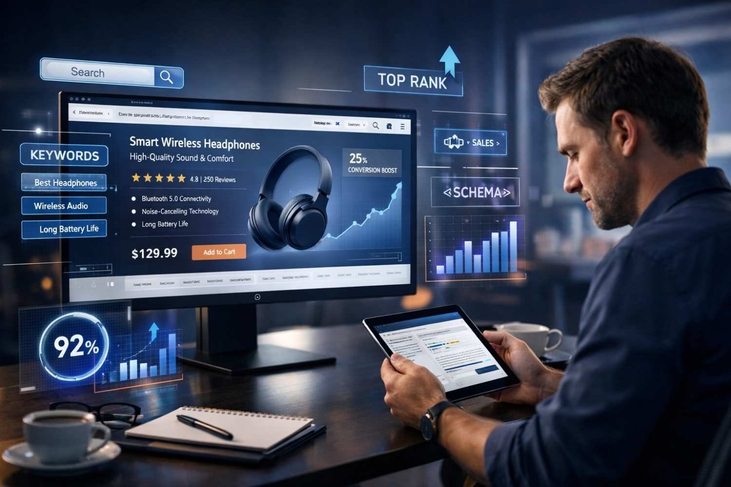 A marketer reviews a tablet while a large monitor displays a top-ranking ecommerce headphone page with keywords, schema markup, sales charts, conversion boost metrics, and pricing, illustrating SEO optimization, structured data, and performance analytics driving online product success