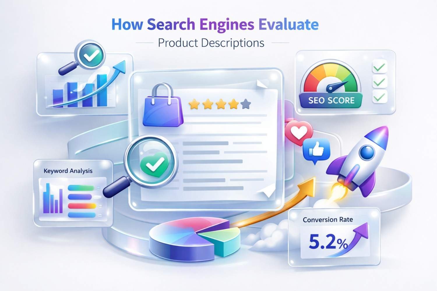 A colorful 3D infographic titled “How Search Engines Evaluate Product Descriptions” shows keyword analysis charts, SEO score gauge, star ratings, magnifying glasses, growth arrows, rocket launch, and conversion rate panel, illustrating how optimized product content improves rankings, engagement, and sales.