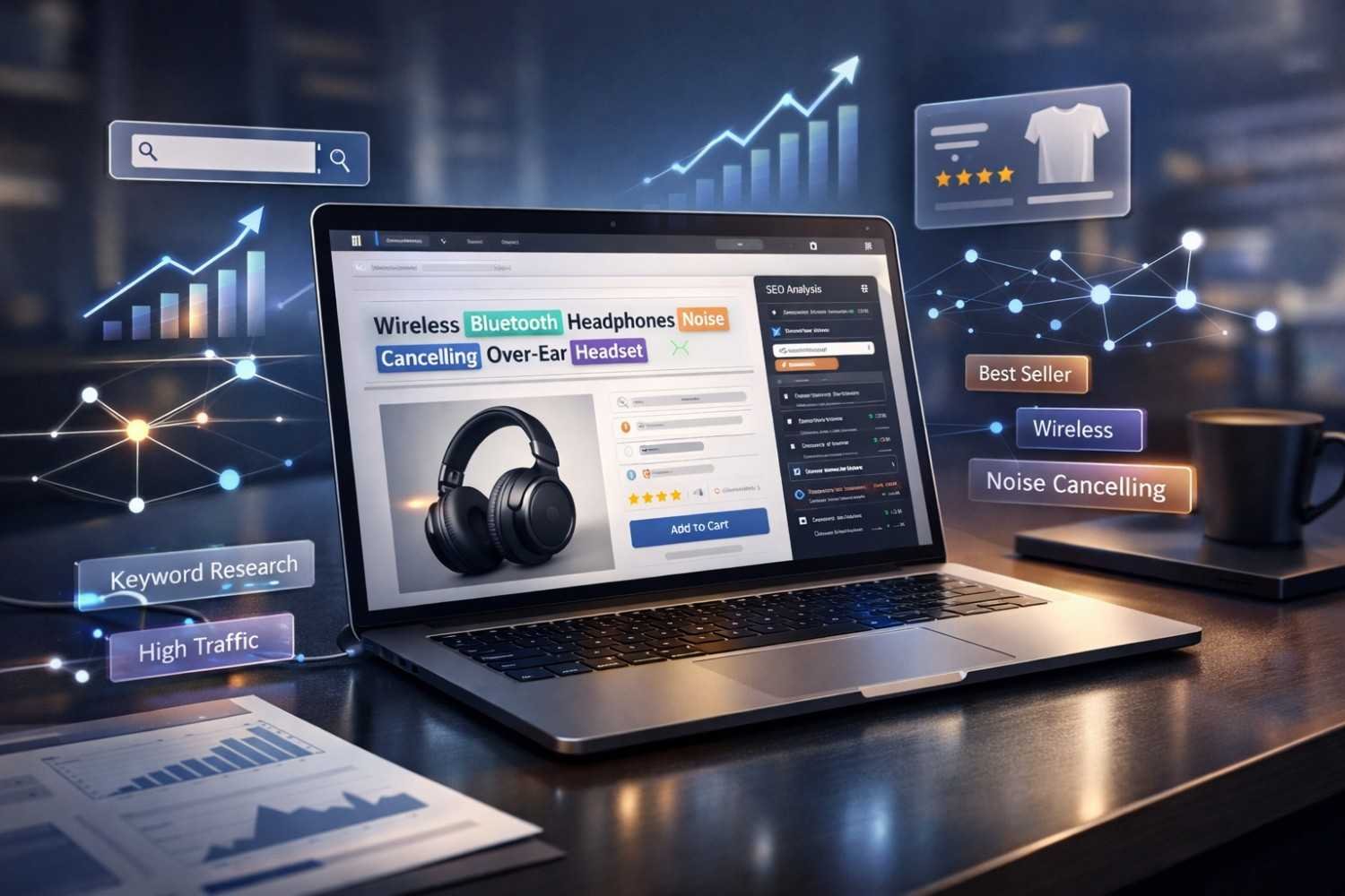 A laptop displays an ecommerce headphone page with highlighted keywords, SEO analysis panel, add-to-cart button, and floating tags like best seller and noise cancelling, surrounded by rising charts and network graphics, illustrating keyword optimization, traffic growth, and product SEO strategy.