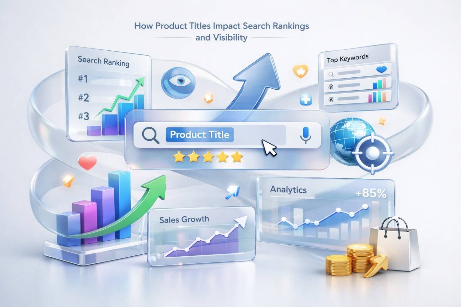 A 3D SEO illustration titled “How Product Titles Impact Search Rankings and Visibility” shows a product title search bar with star ratings, rising ranking charts, top keywords panels, analytics growth, sales graphs, globe icon, and coins, symbolizing improved visibility, traffic, and ecommerce revenue.