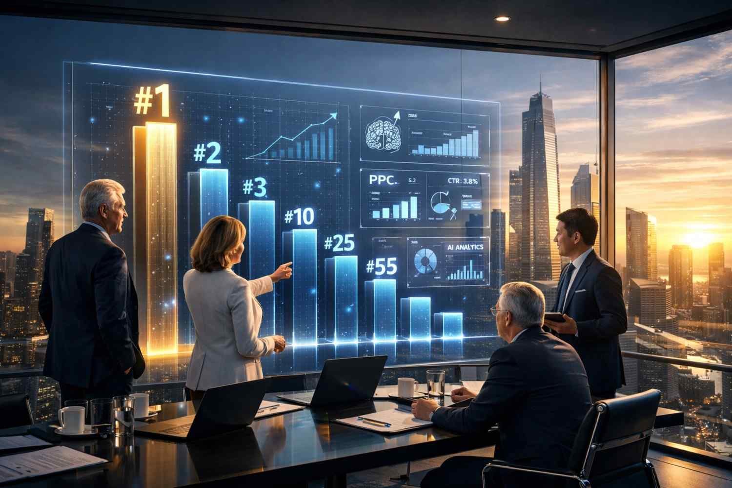 Business executives in a glass-walled boardroom overlooking a sunset city skyline study a glowing SEO performance screen with ranking bars labeled #1 to #55, PPC and AI analytics charts, as one presenter points to the top results.