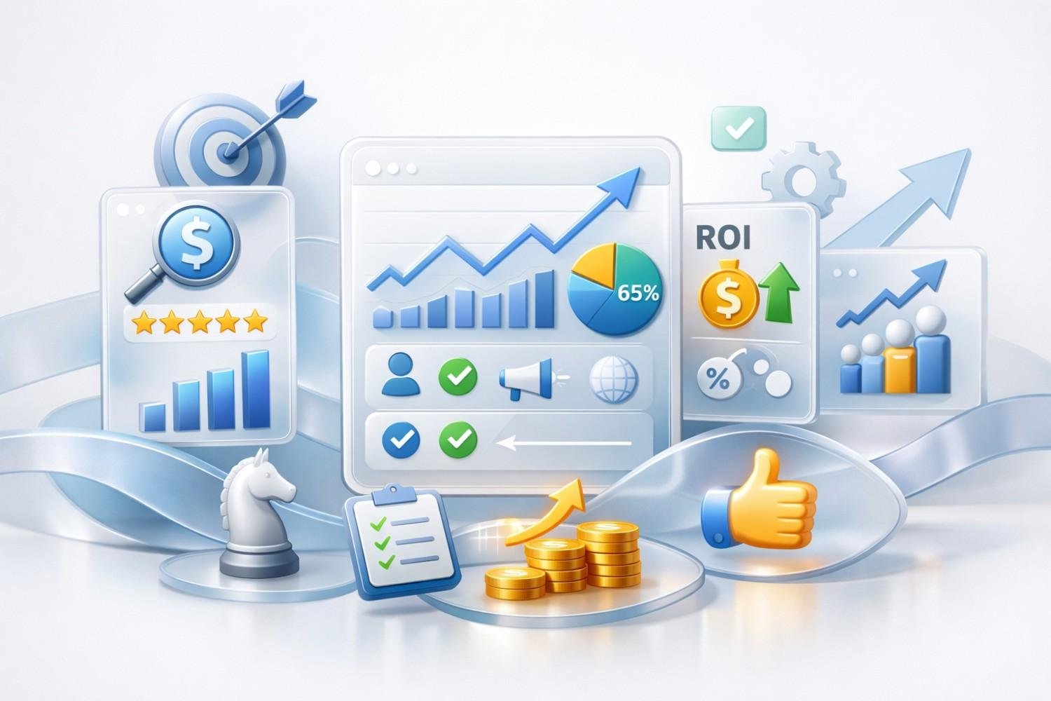 Futuristic SEO and marketing infographic showing rising charts, a 65% pie graph, ROI panel, five-star rating, target icon, coins, checklist, thumbs-up, and upward arrows symbolizing growth, performance, and positive returns.