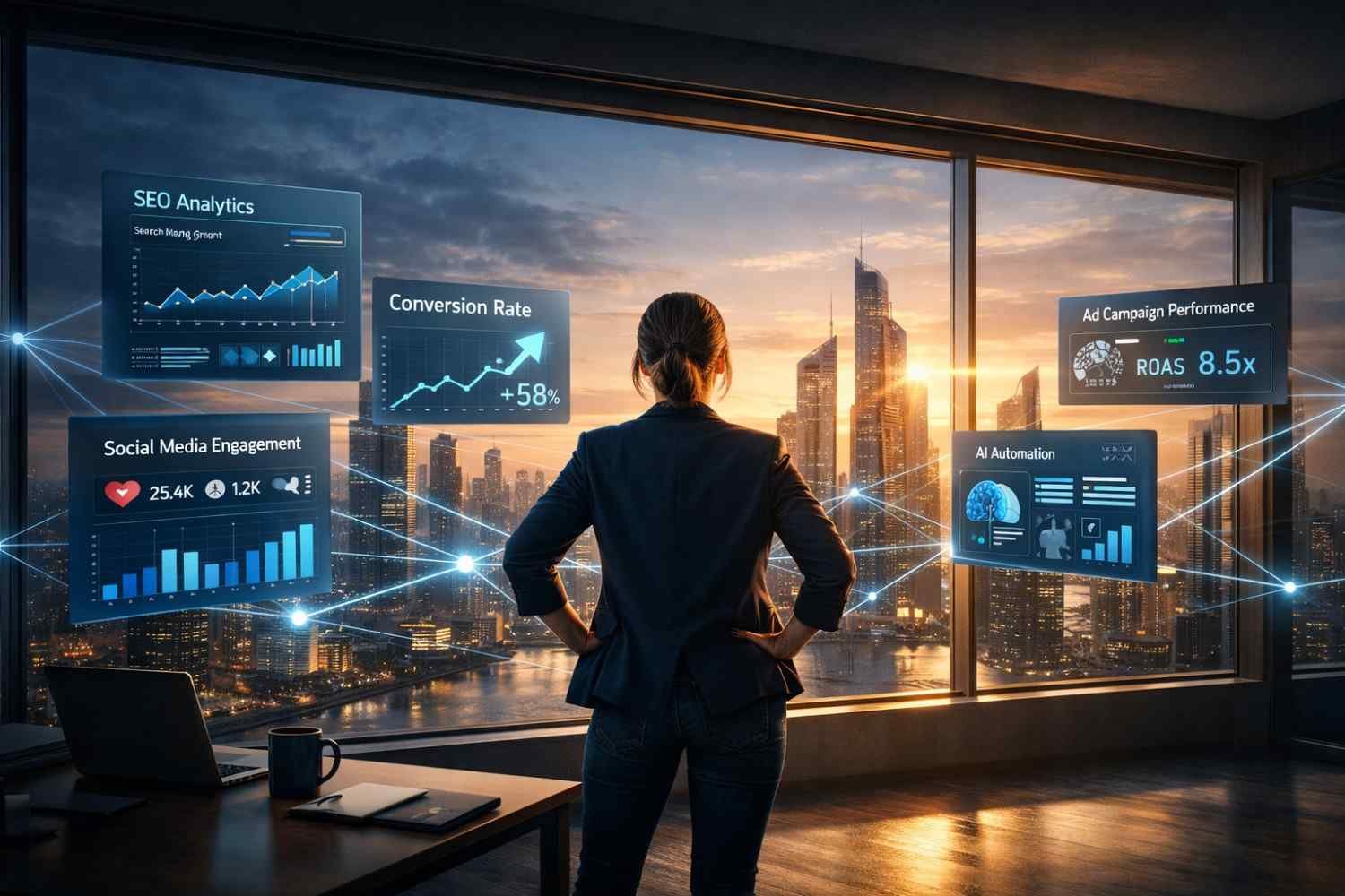 Businesswoman stands in a high-rise office at sunset, overlooking a city while holographic dashboards display SEO analytics, conversion rate gains, social media engagement, AI automation, and ad performance metrics connected by glowing data lines across the skyline.