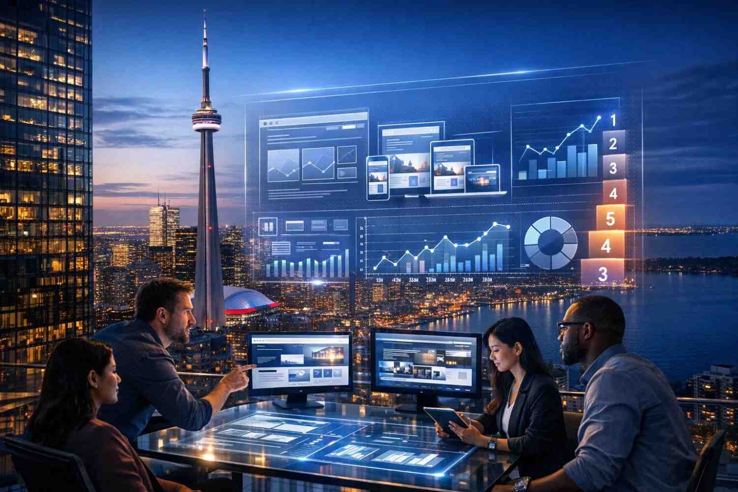 A team of professionals works at a glass table overlooking a nighttime city skyline with a tall tower, studying holographic dashboards showing charts, rankings, and responsive website layouts across multiple screens and devices.
