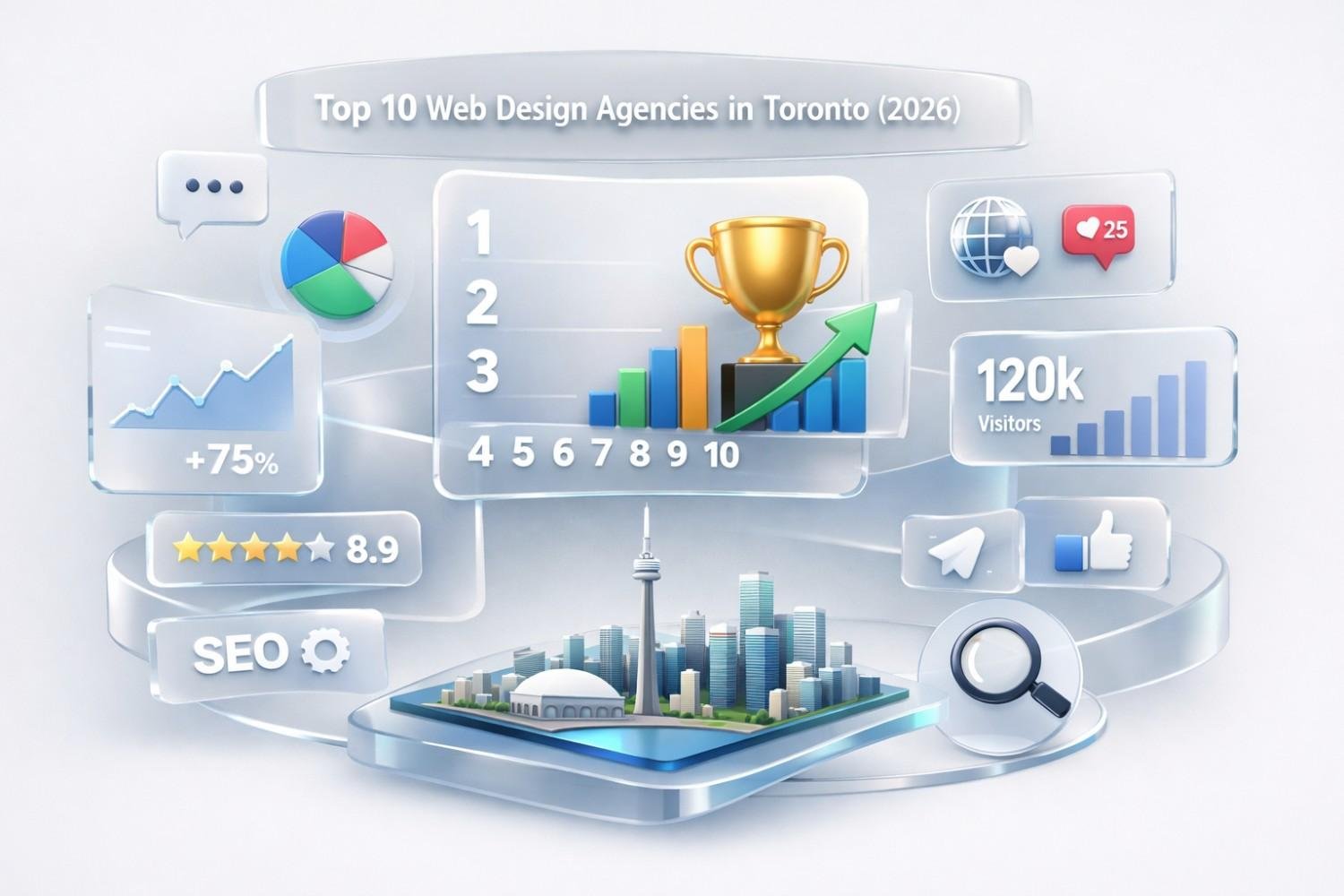 Illustration titled “Top 10 Web Design Agencies in Toronto (2026)” showing ranking bars, a gold trophy, growth arrow, analytics charts, star rating, visitor count, SEO icons, social metrics, and a stylized Toronto skyline with the CN Tower at the center.