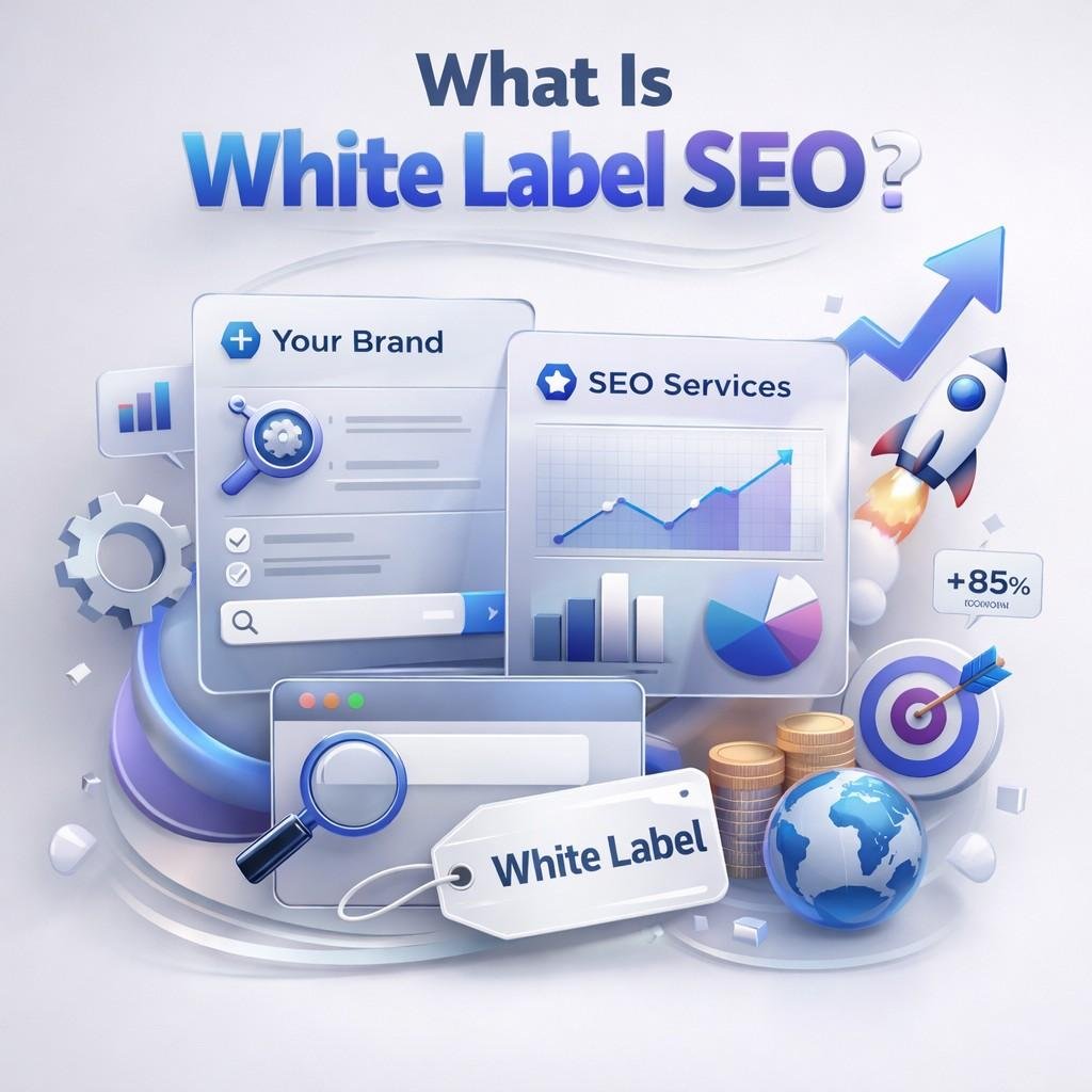 Illustration titled “What Is White Label SEO?” showing floating glass-style dashboards labeled “Your Brand” and “SEO Services,” with charts, graphs, magnifying glass, rocket, coins, target, globe, and a tag reading “White Label,” symbolizing branded SEO growth and analytics.