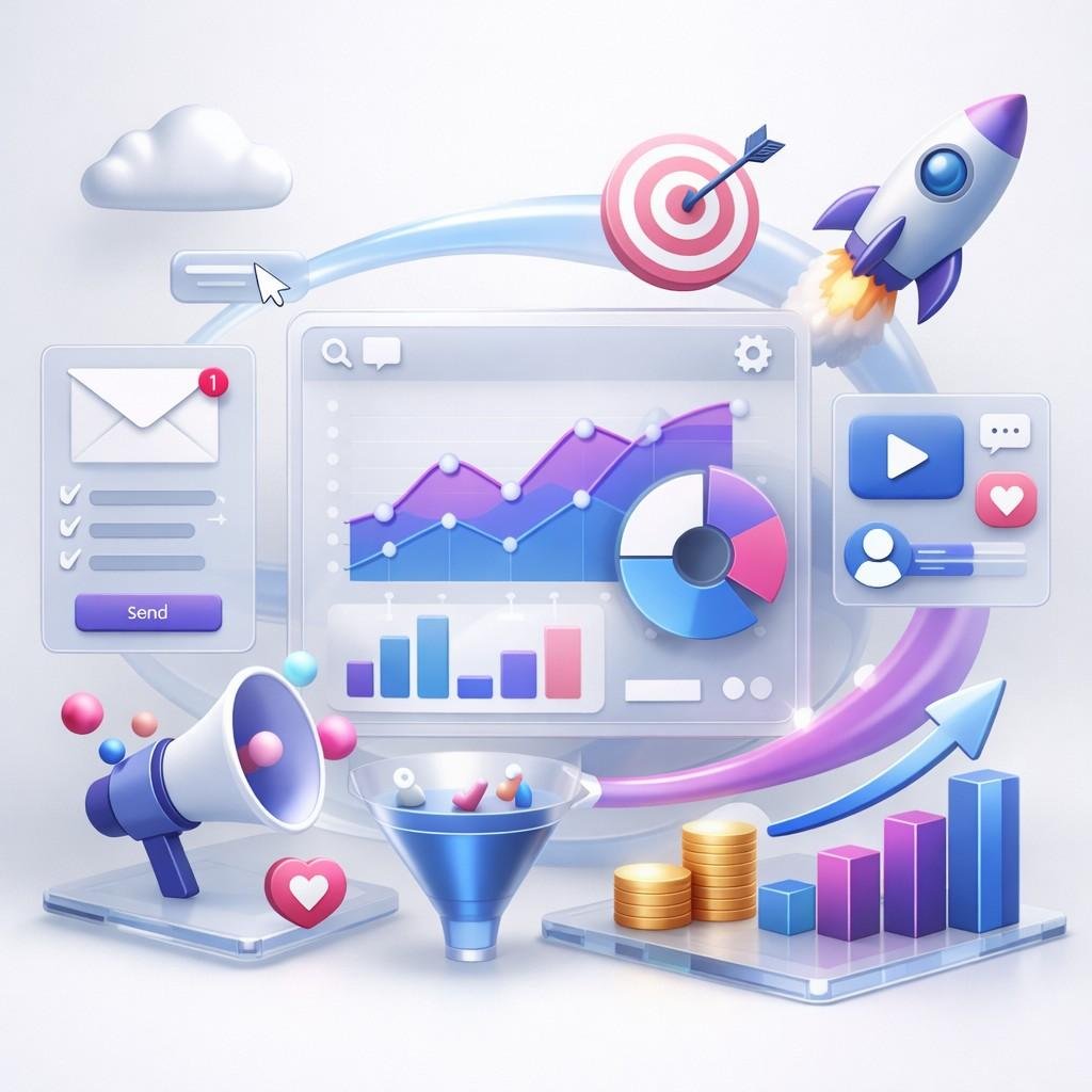 3D illustration of a digital marketing analytics dashboard with rising line and bar charts, pie chart, rocket launch, target, megaphone, email form, social media icons, coins, growth arrows, and a funnel, symbolizing online campaigns, engagement, conversions, and business growth.