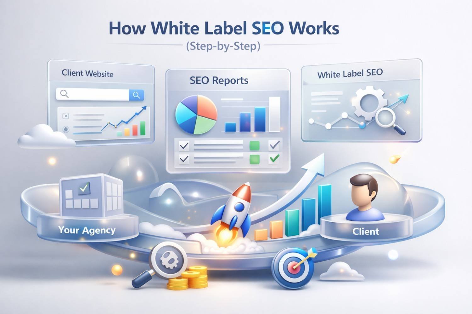 Illustration titled “How White Label SEO Works (Step-by-Step)” showing client website dashboards, SEO reports, and white label tools flowing from an agency to a client, with rising charts, a rocket, coins, target, and magnifying glass, representing growth, analysis, and branded SEO delivery.