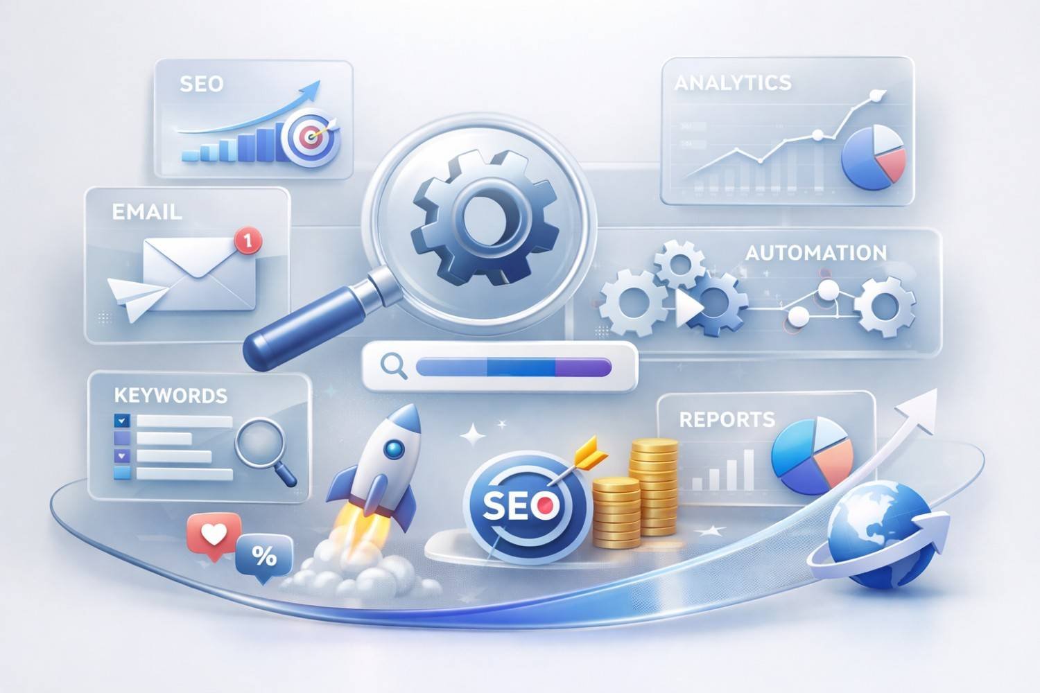 Illustration of SEO tools and digital marketing elements including a magnifying glass over a gear, keyword panels, analytics charts, automation icons, email alerts, reports, a rocket launch, coin stacks, and a global arrow symbolizing search growth and optimization success.