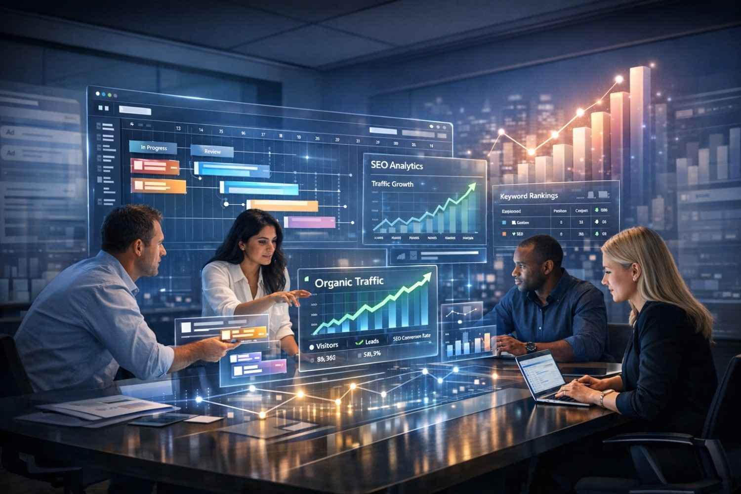 A marketing team collaborates around a conference table in a modern office, reviewing holographic SEO dashboards with organic traffic charts, keyword rankings, project timelines, and rising analytics graphs projected across glass screens at night.