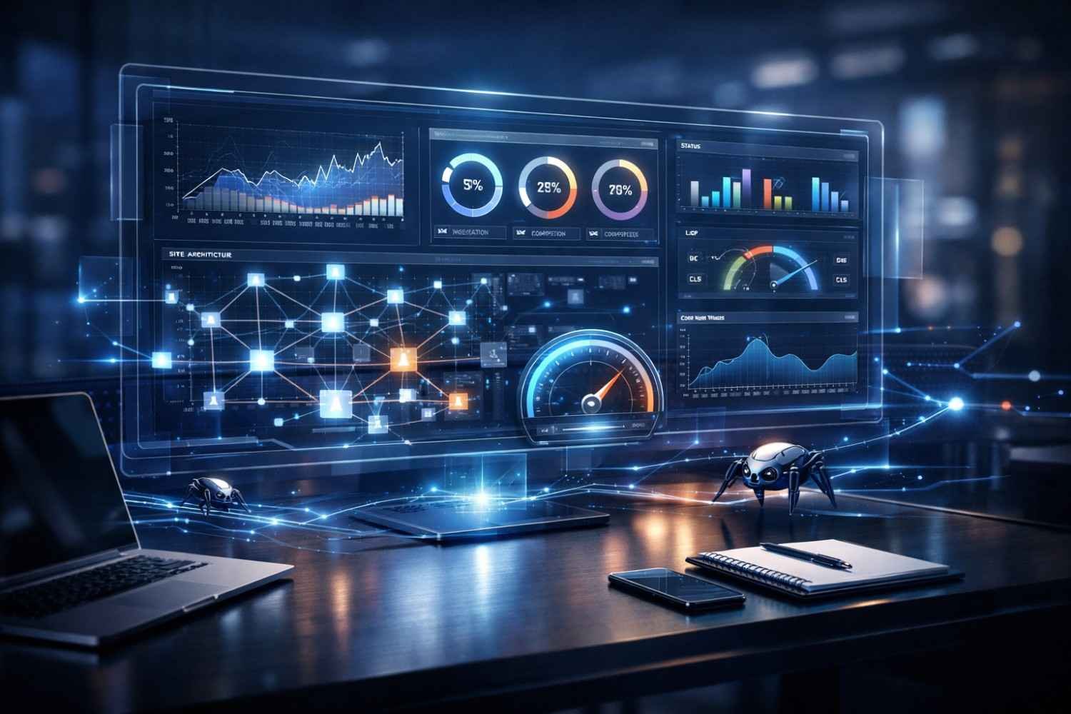 A futuristic SEO workspace with holographic dashboards showing site architecture networks, performance gauges, traffic charts, Core Web Vitals, and analytics graphs above a desk with laptops, notebooks, and robotic crawlers, representing advanced technical SEO monitoring and website diagnostics.