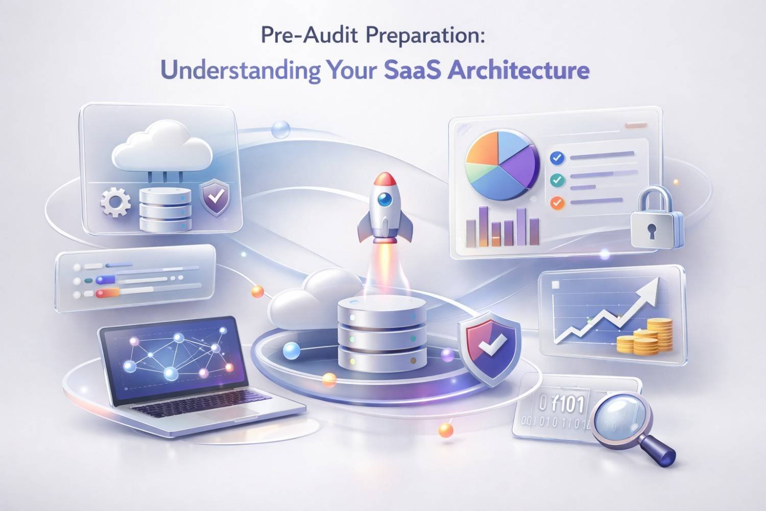 Illustration titled “Pre-Audit Preparation: Understanding Your SaaS Architecture” showing cloud servers, a rocket launch, analytics charts, security shields, a laptop network map, growth graphs, locks, and audit tools, representing SaaS infrastructure review and performance optimization before an audit.