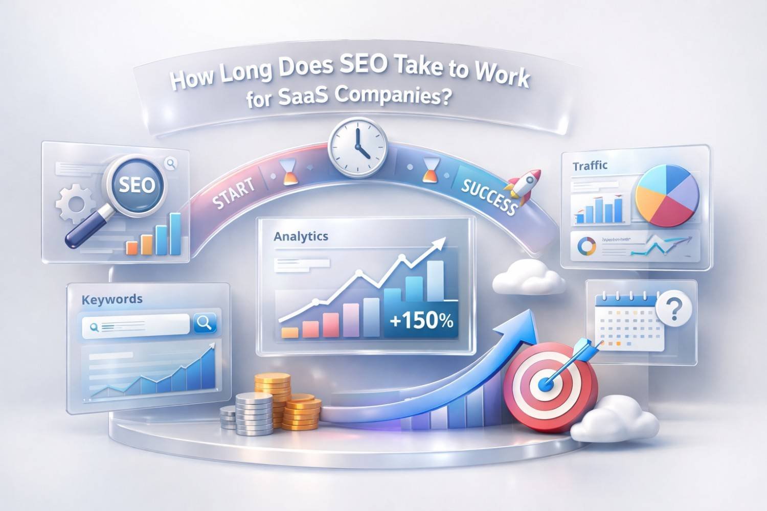 Illustration titled “How Long Does SEO Take to Work for SaaS Companies?” showing a timeline from start to success with clocks, rockets, analytics charts, keyword panels, traffic graphs, growth arrows, coin stacks, and a target icon representing SEO progress and results over time.