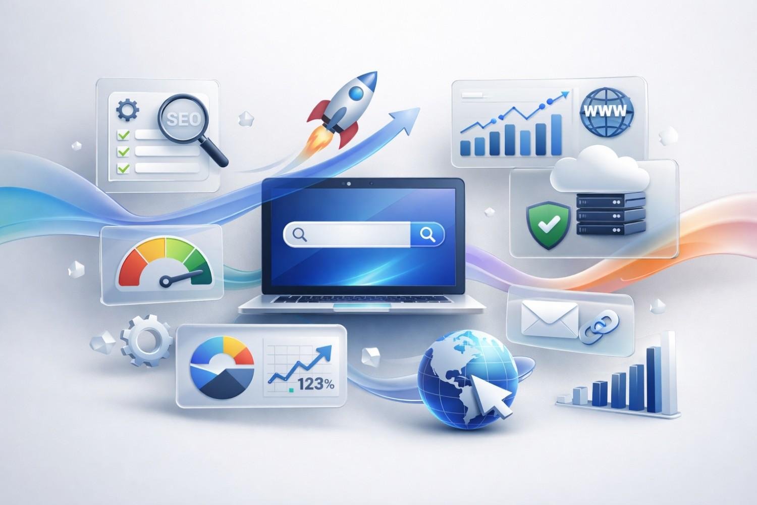 Illustration of SEO growth featuring a laptop search bar, rocket launch, traffic charts, performance gauges, cloud servers, security shield, email and link icons, globe cursor, and rising graphs, representing website optimization, global reach, and digital marketing success.