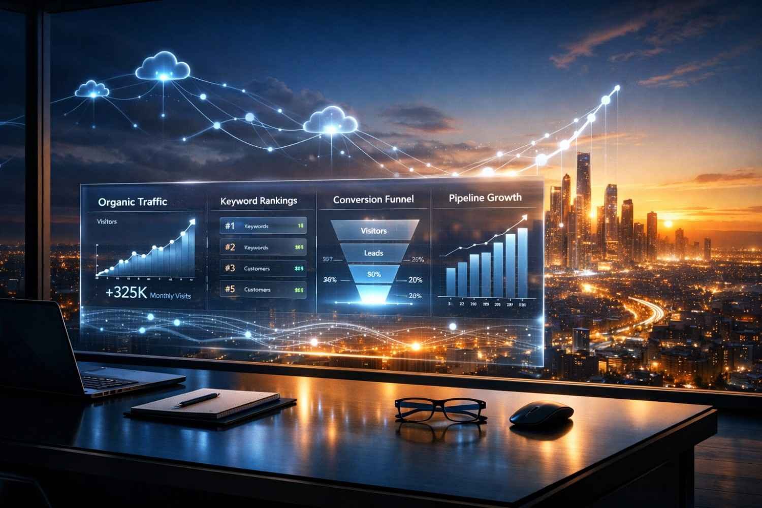 A sunset city skyline viewed from an office desk with holographic SEO dashboards showing organic traffic, keyword rankings, conversion funnels, and pipeline growth, while glowing cloud networks arc overhead, symbolizing cloud-powered analytics and large-scale digital marketing performance.