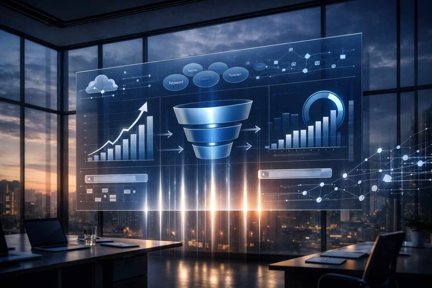 A glass-walled office at dusk displays a large holographic SEO dashboard with growth charts, keyword clusters, a conversion funnel, and analytics graphs over a city skyline, symbolizing data-driven marketing performance and optimization strategy.