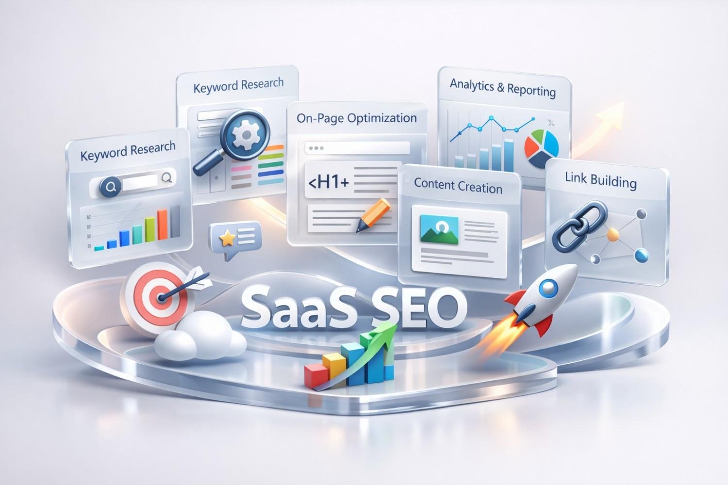 Illustration labeled “SaaS SEO” showing keyword research, on-page optimization, content creation, analytics reporting, and link building panels with rockets, targets, charts, and growth arrows, representing a complete SEO strategy for SaaS business growth.