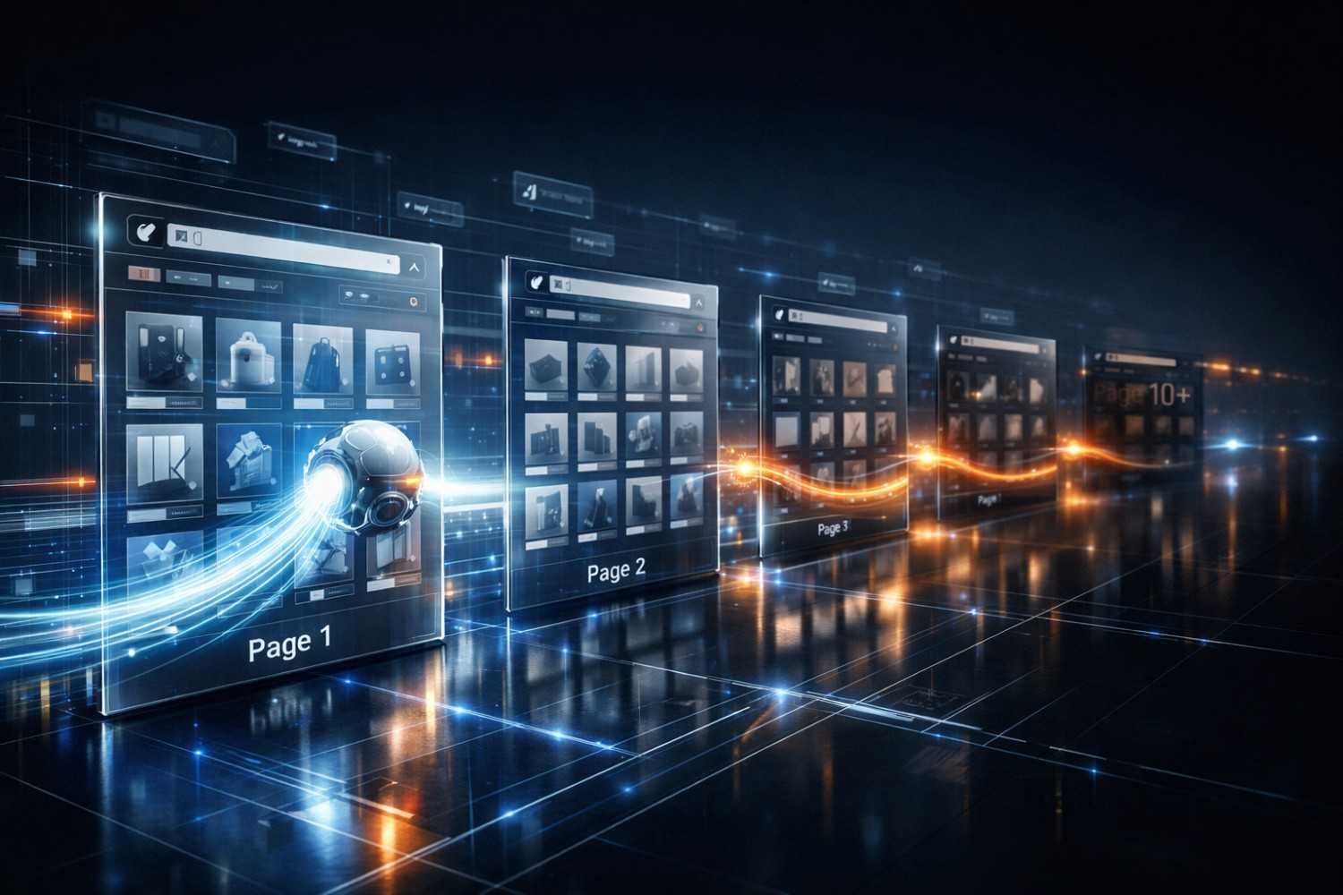 A futuristic SEO crawler scans ecommerce pages labeled Page 1 through Page 10+, with glowing data streams linking product grids across a digital floor, illustrating site crawling, pagination, indexing, and large-scale technical search engine optimization.