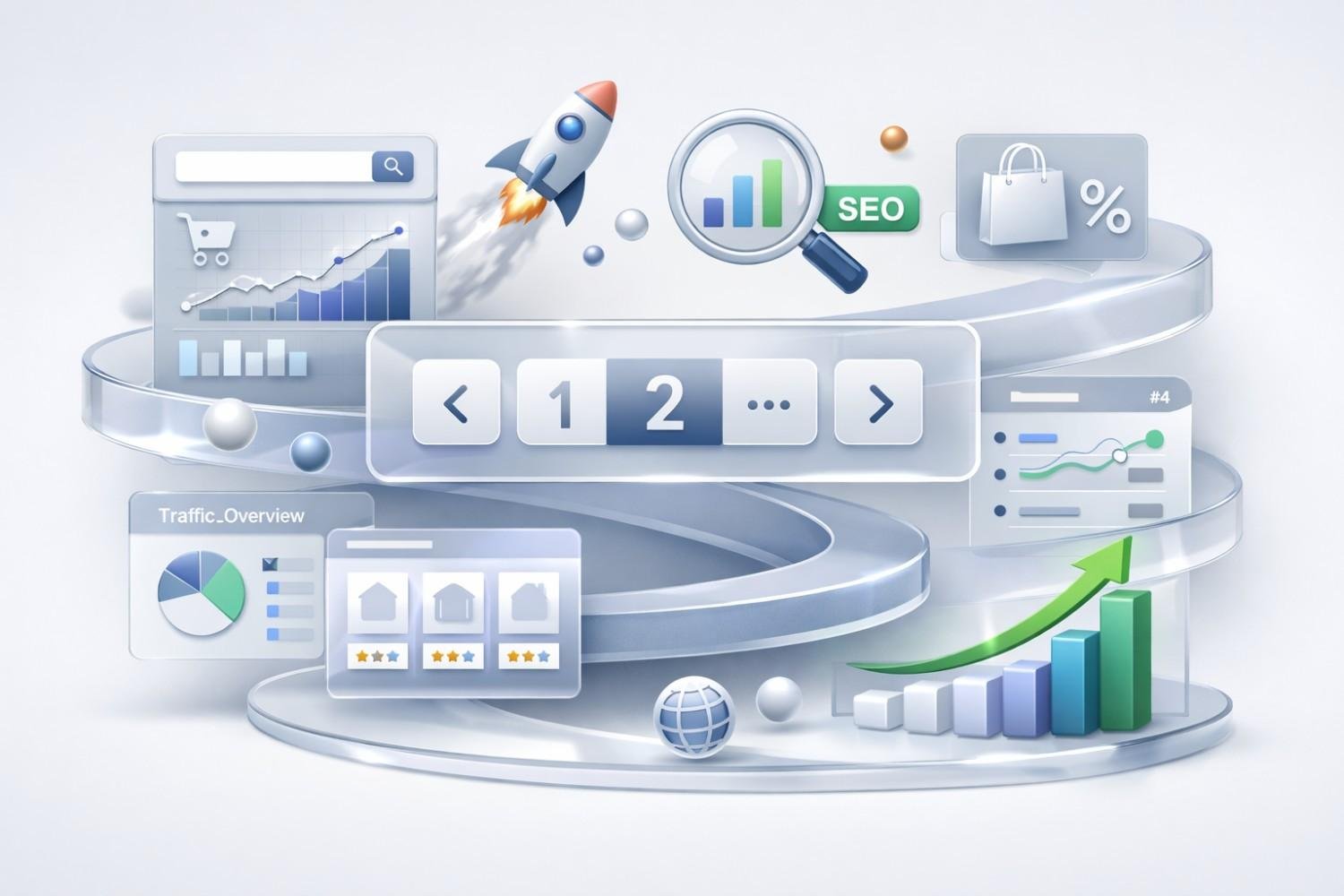 Illustration of SEO pagination and growth featuring page navigation controls, traffic charts, ecommerce icons, a rocket launch, magnifying glass analytics, conversion data, rising graphs, and global reach symbols, representing scalable website optimization and search performance improvement.