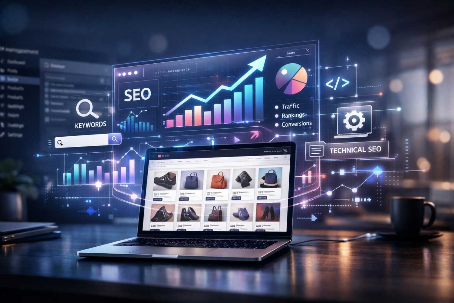 A laptop on a desk shows an ecommerce catalog while holographic SEO dashboards display rising traffic graphs, keyword data, technical SEO icons, rankings, and conversions, illustrating data-driven optimization and online store growth in a modern digital workspace.