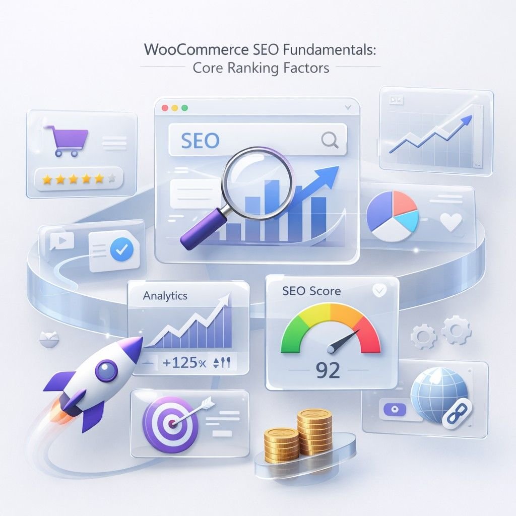 Illustration titled “WooCommerce SEO Fundamentals: Core Ranking Factors” showing a magnifying glass over charts, SEO score gauge, analytics growth, shopping icons, rockets, coins, targets, and global links, representing ecommerce optimization and ranking improvement strategies.