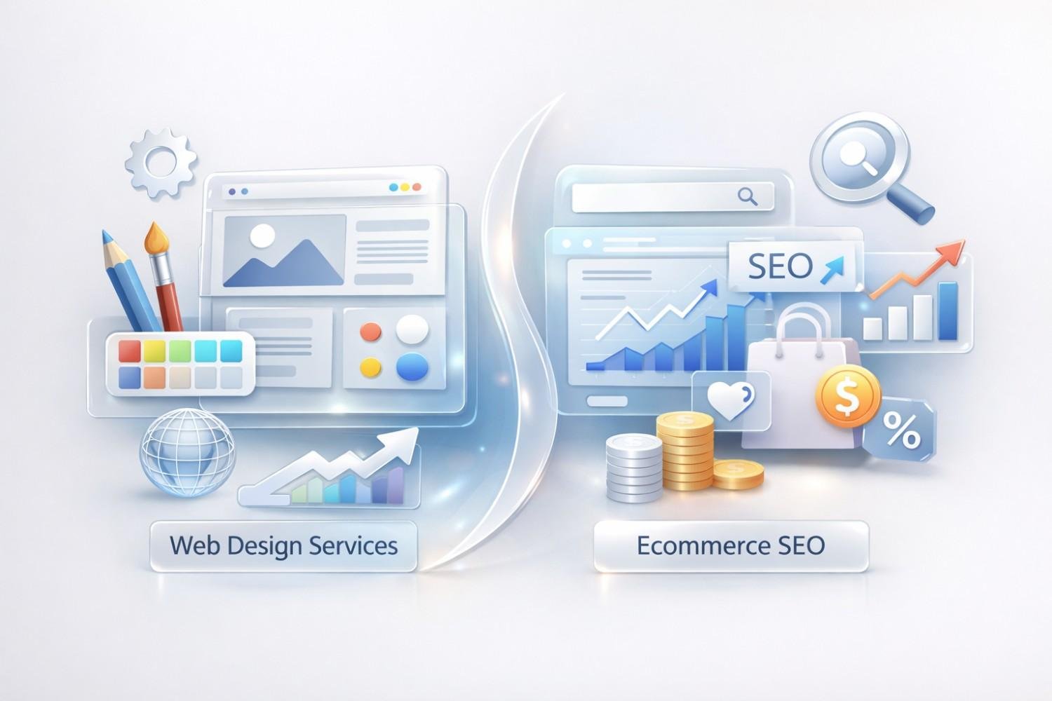 Split illustration comparing web design services and ecommerce SEO, showing design tools and layouts on one side, and shopping icons, rising SEO charts, coins, and sales symbols on the other, representing the transition from website creation to revenue-driven search optimization.